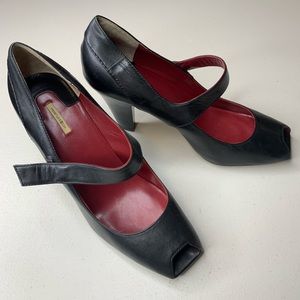 Max Studio Black Leather Square Peep Toe Mary Jane
